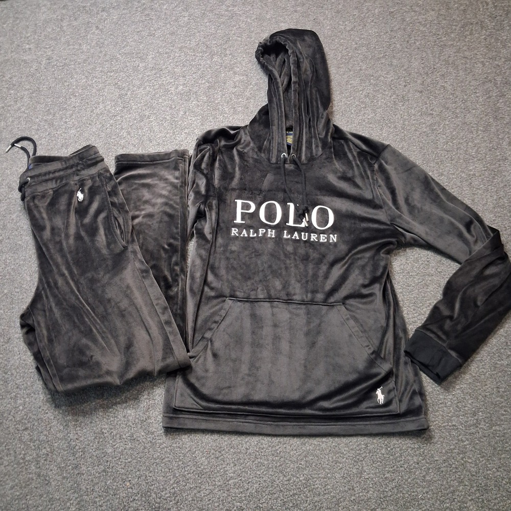 Polo Ralph Lauren Mens Velour Hoodie and Joggers Tracksuit Set Black Small